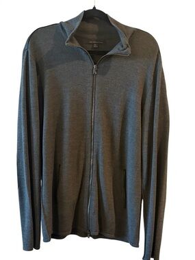 John Varvatos USA Gray Full Zip Sweater XL Merino Wool Leather Trim Elbow Patch